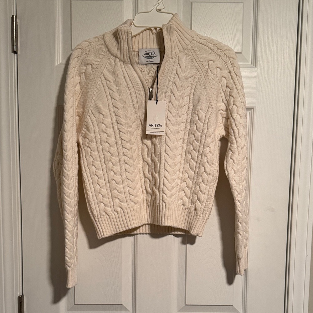 Aritzia Heritage Knit Merino Wool Quarter Zip Sweater, Seaside Cream, Small, New
